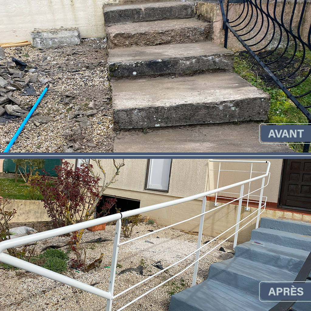 Avant/Après - Rénovation d'un escalier en béton, fabrication d'un garde corps et la pose d'une résine antidérapante.