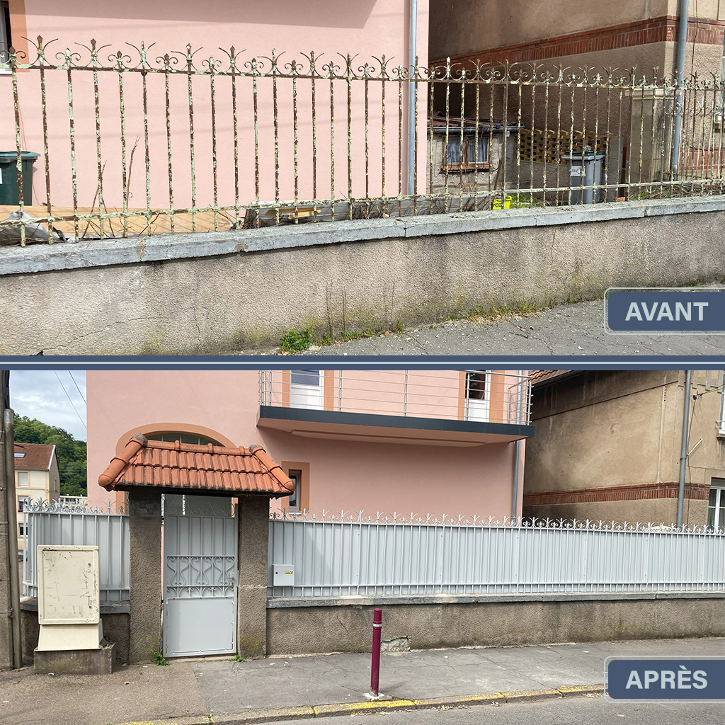 Rénovation d'une ancienne grille et d'une porte, et la pose de tôle occultante avec des renforts.